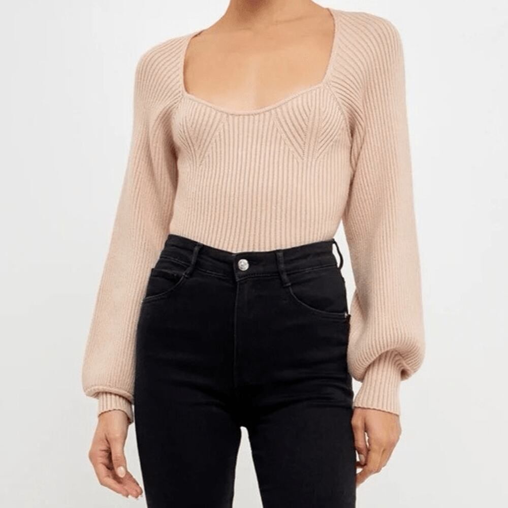 Anthropologie Endless Rose Structured Ribbed Long Sleeve Sweater Taupe Sz MP